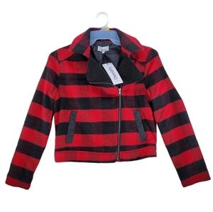 Love Chemiztry Coat Buffalo Plaid Red Black Moto Flannel Fleece Jacket Lined S L